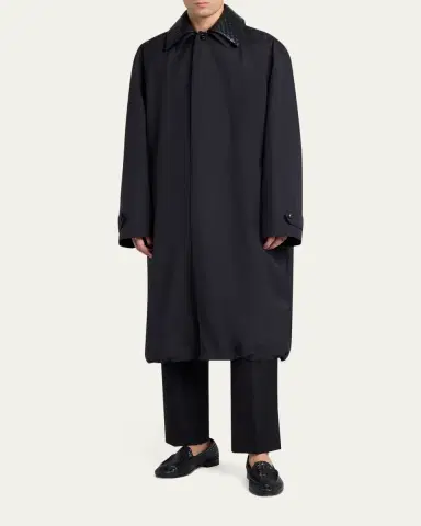Bottega Veneta Men's Leather Intrecciato-Collar Overcoat | Thumbnail 2 Bottega Veneta Men's Leather Intrecciato-Collar Overcoat | Thumbnail 2