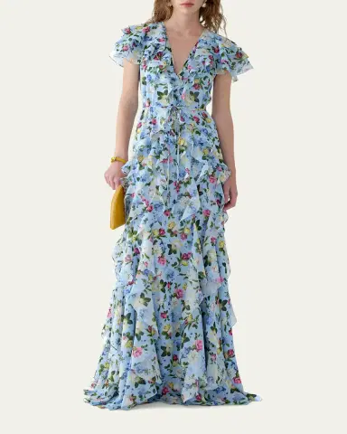 Carolina Herrera Floral Ruffle Chiffon Short-Sleeve Maxi Dress | Thumbnail 2 Carolina Herrera Floral Ruffle Chiffon Short-Sleeve Maxi Dress | Thumbnail 2