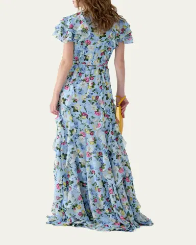 Carolina Herrera Floral Ruffle Chiffon Short-Sleeve Maxi Dress | Thumbnail 3 Carolina Herrera Floral Ruffle Chiffon Short-Sleeve Maxi Dress | Thumbnail 3