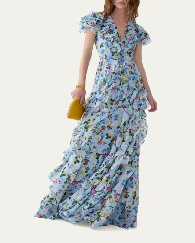 Carolina Herrera Floral Ruffle Chiffon Short-Sleeve Maxi Dress | Thumbnail 4 Carolina Herrera Floral Ruffle Chiffon Short-Sleeve Maxi Dress | Thumbnail 4