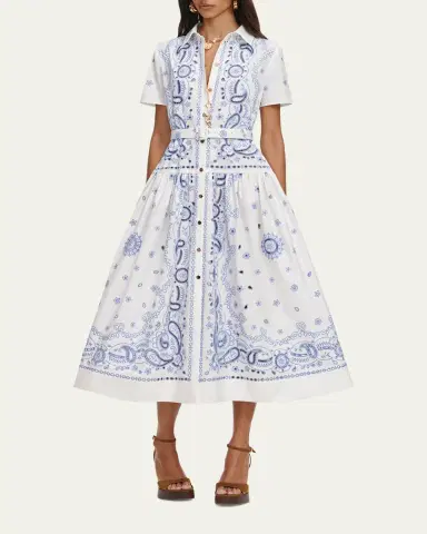 Self-Portrait Embroidered Cotton Belted Midi Dress | Thumbnail 4 Self-Portrait Embroidered Cotton Belted Midi Dress | Thumbnail 4