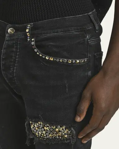 AMIRI Men's Studded Rip and Repair Black Denim Skinny Jeans | Thumbnail 5 AMIRI Men's Studded Rip and Repair Black Denim Skinny Jeans | Thumbnail 5