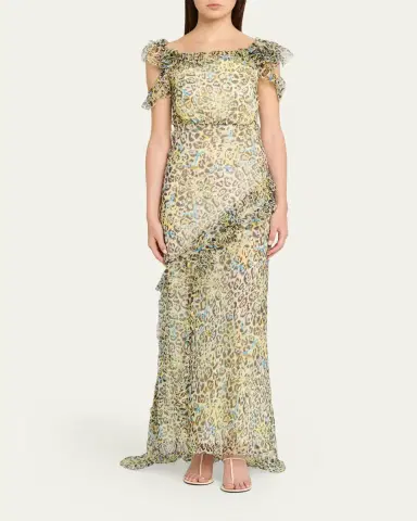 Saloni Nina Leopard Ruffled Chiffon Dress | Thumbnail 2 Saloni Nina Leopard Ruffled Chiffon Dress | Thumbnail 2