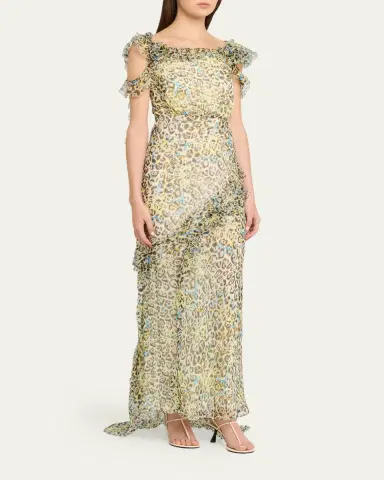 Saloni Nina Leopard Ruffled Chiffon Dress | Thumbnail 4 Saloni Nina Leopard Ruffled Chiffon Dress | Thumbnail 4