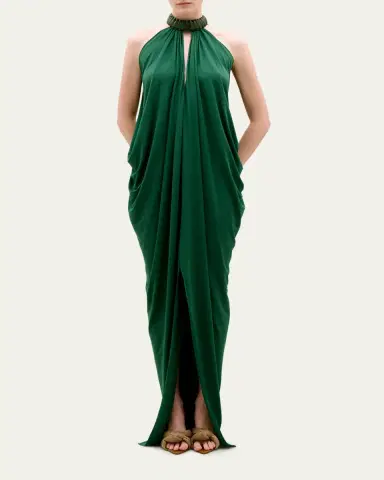 Silvia Tcherassi Niagara Draped Leather-Trim Halter Maxi Dress | Thumbnail 2 Silvia Tcherassi Niagara Draped Leather-Trim Halter Maxi Dress | Thumbnail 2