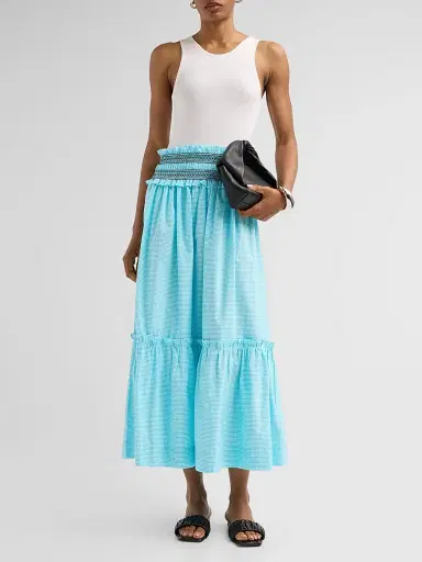 Ganni Women's Check Cotton Smock Waist Skirt - Blue Curacao | Thumbnail 2 Ganni Women's Check Cotton Smock Waist Skirt - Blue Curacao | Thumbnail 2