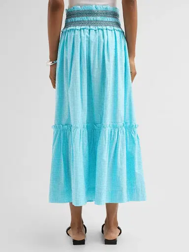 Ganni Women's Check Cotton Smock Waist Skirt - Blue Curacao | Thumbnail 3 Ganni Women's Check Cotton Smock Waist Skirt - Blue Curacao | Thumbnail 3
