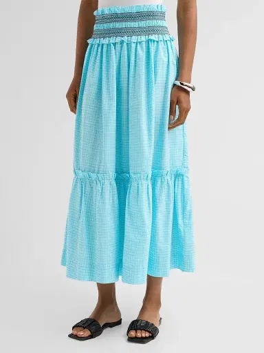 Ganni Women's Check Cotton Smock Waist Skirt - Blue Curacao | Thumbnail 4 Ganni Women's Check Cotton Smock Waist Skirt - Blue Curacao | Thumbnail 4