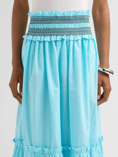 Ganni Women's Check Cotton Smock Waist Skirt - Blue Curacao | Thumbnail 5 Ganni Women's Check Cotton Smock Waist Skirt - Blue Curacao | Thumbnail 5