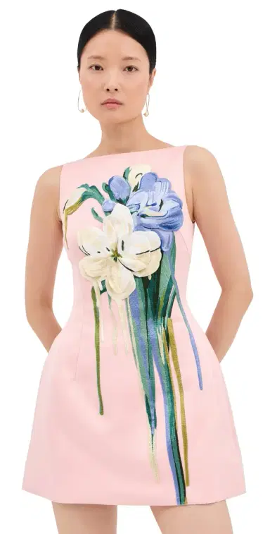 Leo Lin Ali Embroidered Mini Dress Bouquet Print in Pastel Pink | Thumbnail 1 Leo Lin Ali Embroidered Mini Dress Bouquet Print in Pastel Pink | Thumbnail 1