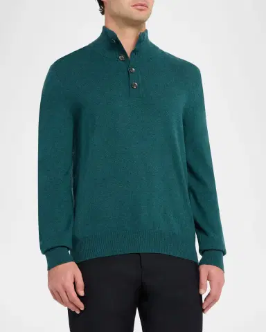 Brioni Men's Cashmere Knit Mock Neck Half-Placket Sweater | Thumbnail 4 Brioni Men's Cashmere Knit Mock Neck Half-Placket Sweater | Thumbnail 4
