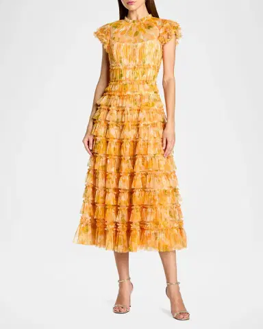 Mac Duggal Floral-Print Ruffle Mesh Midi Dress | Thumbnail 2 Mac Duggal Floral-Print Ruffle Mesh Midi Dress | Thumbnail 2