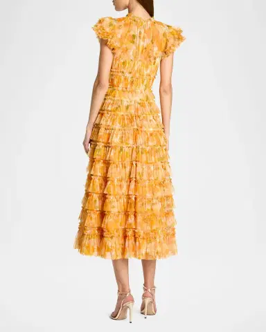 Mac Duggal Floral-Print Ruffle Mesh Midi Dress | Thumbnail 3 Mac Duggal Floral-Print Ruffle Mesh Midi Dress | Thumbnail 3