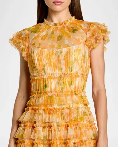 Mac Duggal Floral-Print Ruffle Mesh Midi Dress | Thumbnail 4 Mac Duggal Floral-Print Ruffle Mesh Midi Dress | Thumbnail 4