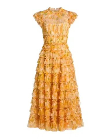Mac Duggal Floral-Print Ruffle Mesh Midi Dress | Thumbnail 1 Mac Duggal Floral-Print Ruffle Mesh Midi Dress | Thumbnail 1