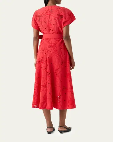 Akris punto Floral Eyelet Embroidered Short-Sleeve Belted Midi Dress | Thumbnail 3 Akris punto Floral Eyelet Embroidered Short-Sleeve Belted Midi Dress | Thumbnail 3