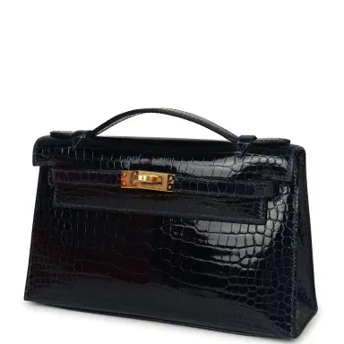 HERMÈS Hermes Kelly Pochette Bleu Saphir Shiny Porosus Crocodile Gold Hardware | Thumbnail 5 HERMÈS Hermes Kelly Pochette Bleu Saphir Shiny Porosus Crocodile Gold Hardware | Thumbnail 5