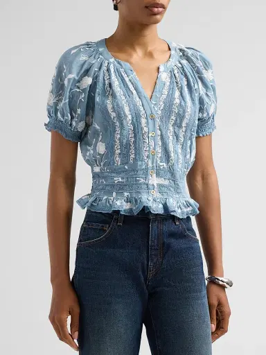 Alice + Olivia Women's Kathryn Lace-Trim Embroidered Blouse - Deep Denim Blue Vanilla - Size XL | Thumbnail 4 Alice + Olivia Women's Kathryn Lace-Trim Embroidered Blouse - Deep Denim Blue Vanilla - Size XL | Thumbnail 4