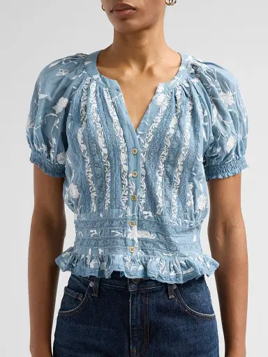 Alice + Olivia Women's Kathryn Lace-Trim Embroidered Blouse - Deep Denim Blue Vanilla - Size XL | Thumbnail 5 Alice + Olivia Women's Kathryn Lace-Trim Embroidered Blouse - Deep Denim Blue Vanilla - Size XL | Thumbnail 5