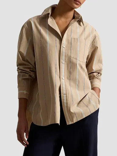 Polo Ralph Lauren Women's Oversized Striped Cotton Button-Front Shirt - Tan Cream | Thumbnail 4 Polo Ralph Lauren Women's Oversized Striped Cotton Button-Front Shirt - Tan Cream | Thumbnail 4