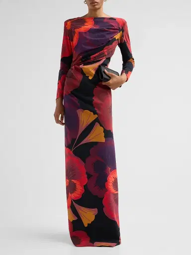 Chiara Boni La Petite Robe Women's Soleo Floral Draped Long-Sleeve Gown - Josephine Black - Size 8 | Thumbnail 2 Chiara Boni La Petite Robe Women's Soleo Floral Draped Long-Sleeve Gown - Josephine Black - Size 8 | Thumbnail 2