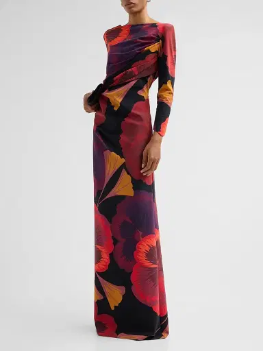 Chiara Boni La Petite Robe Women's Soleo Floral Draped Long-Sleeve Gown - Josephine Black - Size 8 | Thumbnail 4 Chiara Boni La Petite Robe Women's Soleo Floral Draped Long-Sleeve Gown - Josephine Black - Size 8 | Thumbnail 4
