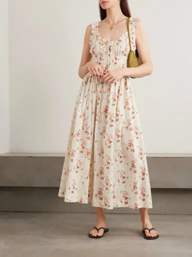 DÔEN Emmaretta tie-detailed shirred floral-print organic cotton midi dress | Thumbnail 2 DÔEN Emmaretta tie-detailed shirred floral-print organic cotton midi dress | Thumbnail 2