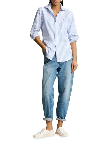 Polo Ralph Lauren Women's Slim-Fit Striped Oxford Shirt - Harbor Island Blue White | Thumbnail 1 Polo Ralph Lauren Women's Slim-Fit Striped Oxford Shirt - Harbor Island Blue White | Thumbnail 1