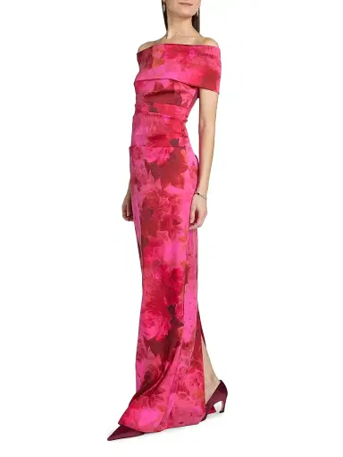 Teri Jon by Rickie Freeman Women's Floral Off-the-Shoulder Ruched Gown - Fuschia Multi | Thumbnail 4 Teri Jon by Rickie Freeman Women's Floral Off-the-Shoulder Ruched Gown - Fuschia Multi | Thumbnail 4