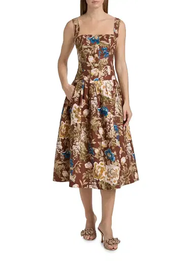 Cara Cara Women's Feliz Floral Linen Midi Dress - Flora Meadow Brown | Thumbnail 3 Cara Cara Women's Feliz Floral Linen Midi Dress - Flora Meadow Brown | Thumbnail 3