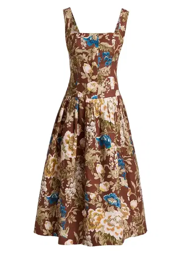 Cara Cara Women's Feliz Floral Linen Midi Dress - Flora Meadow Brown | Thumbnail 1 Cara Cara Women's Feliz Floral Linen Midi Dress - Flora Meadow Brown | Thumbnail 1