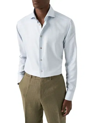Eton Men's Contemporary Fit Textured Cotton-Linen Shirt - Light Blue | Thumbnail 3 Eton Men's Contemporary Fit Textured Cotton-Linen Shirt - Light Blue | Thumbnail 3