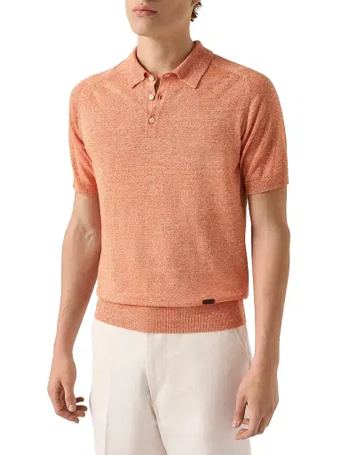 Eton Men's Linen-Cotton Fine Knit Polo Shirt - Orange | Thumbnail 2 Eton Men's Linen-Cotton Fine Knit Polo Shirt - Orange | Thumbnail 2