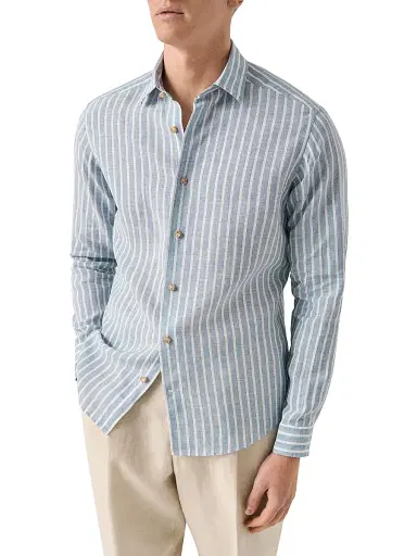 Eton Men's Structure Striped Linen Button-Front Shirt - Mid Blue | Thumbnail 3 Eton Men's Structure Striped Linen Button-Front Shirt - Mid Blue | Thumbnail 3