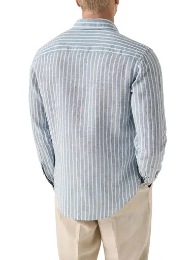 Eton Men's Structure Striped Linen Button-Front Shirt - Mid Blue | Thumbnail 4 Eton Men's Structure Striped Linen Button-Front Shirt - Mid Blue | Thumbnail 4