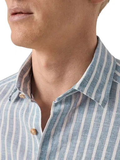 Eton Men's Structure Striped Linen Button-Front Shirt - Mid Blue | Thumbnail 5 Eton Men's Structure Striped Linen Button-Front Shirt - Mid Blue | Thumbnail 5