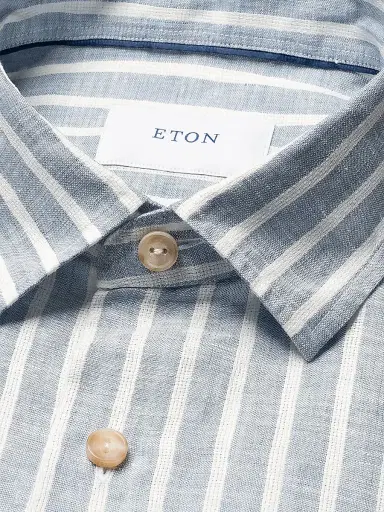 Eton Men's Structure Striped Linen Button-Front Shirt - Mid Blue | Thumbnail 7 Eton Men's Structure Striped Linen Button-Front Shirt - Mid Blue | Thumbnail 7