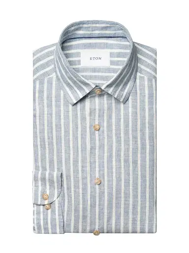 Eton Men's Structure Striped Linen Button-Front Shirt - Mid Blue | Thumbnail 1 Eton Men's Structure Striped Linen Button-Front Shirt - Mid Blue | Thumbnail 1