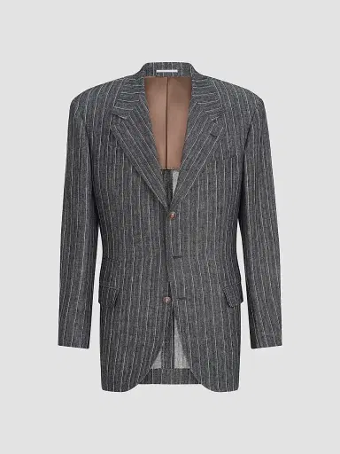 Brunello Cucinelli Men's Linen Chalk Stripe Chevron Tailor Blazer with Metal Buttons - Anthracite | Thumbnail 2 Brunello Cucinelli Men's Linen Chalk Stripe Chevron Tailor Blazer with Metal Buttons - Anthracite | Thumbnail 2