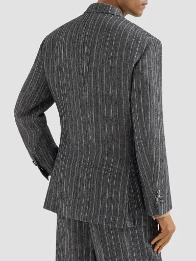 Brunello Cucinelli Men's Linen Chalk Stripe Chevron Tailor Blazer with Metal Buttons - Anthracite | Thumbnail 3 Brunello Cucinelli Men's Linen Chalk Stripe Chevron Tailor Blazer with Metal Buttons - Anthracite | Thumbnail 3