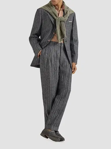 Brunello Cucinelli Men's Linen Chalk Stripe Chevron Tailor Blazer with Metal Buttons - Anthracite | Thumbnail 6 Brunello Cucinelli Men's Linen Chalk Stripe Chevron Tailor Blazer with Metal Buttons - Anthracite | Thumbnail 6
