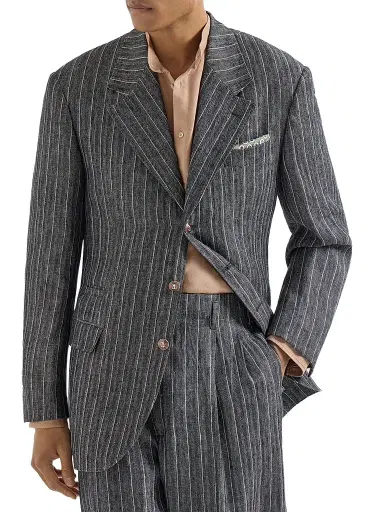 Brunello Cucinelli Men's Linen Chalk Stripe Chevron Tailor Blazer with Metal Buttons - Anthracite | Thumbnail 1 Brunello Cucinelli Men's Linen Chalk Stripe Chevron Tailor Blazer with Metal Buttons - Anthracite | Thumbnail 1