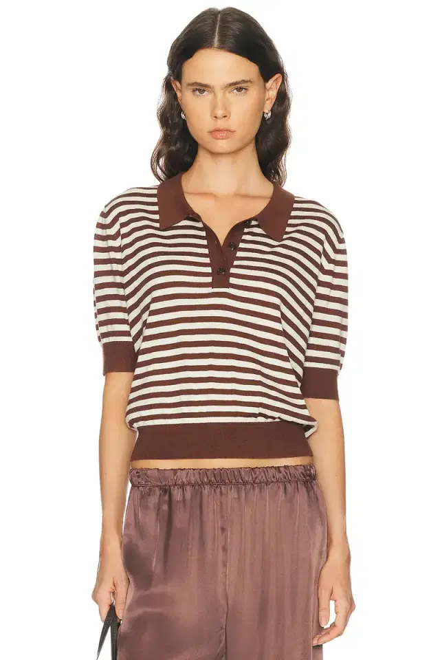 Silk Cashmere Stripe Knit Polo Top Silk Cashmere Stripe Knit Polo Top