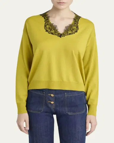 Valentino Garavani Lace-Trim V-Neck Cashmere Sweater | Thumbnail 4 Valentino Garavani Lace-Trim V-Neck Cashmere Sweater | Thumbnail 4