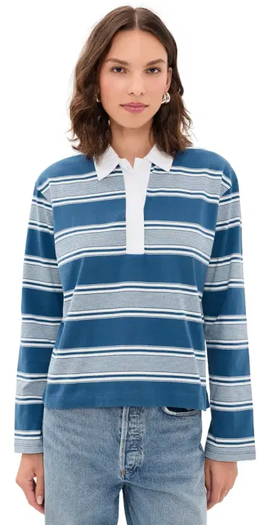 rag & bone Kelly Stripe Long Sleeve Polo Blue ulti | Thumbnail 1 rag & bone Kelly Stripe Long Sleeve Polo Blue ulti | Thumbnail 1