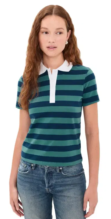 Good American The Easy Polo ummer tripe Teal | Thumbnail 1 Good American The Easy Polo ummer tripe Teal | Thumbnail 1