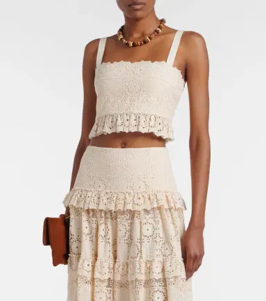 Elie Saab Guipure lace ruffled cotton and silk crop top | Thumbnail 2 Elie Saab Guipure lace ruffled cotton and silk crop top | Thumbnail 2