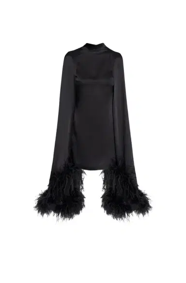 LAPOINTE Satin Cape Sleeve Mini Dress With Feathers | Thumbnail 1 LAPOINTE Satin Cape Sleeve Mini Dress With Feathers | Thumbnail 1