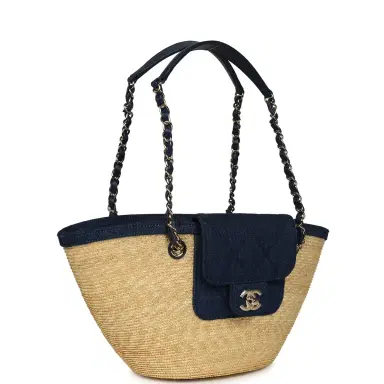 Chanel Chanel Small Coco Beach Shopping Tote Bag Bag Beige Raffia and Dark Blue Denim Light Gold Hardware | Thumbnail 2 Chanel Chanel Small Coco Beach Shopping Tote Bag Bag Beige Raffia and Dark Blue Denim Light Gold Hardware | Thumbnail 2
