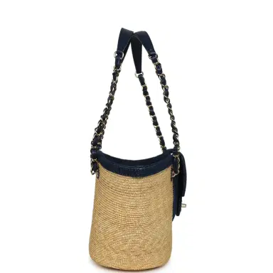 Chanel Chanel Small Coco Beach Shopping Tote Bag Bag Beige Raffia and Dark Blue Denim Light Gold Hardware | Thumbnail 3 Chanel Chanel Small Coco Beach Shopping Tote Bag Bag Beige Raffia and Dark Blue Denim Light Gold Hardware | Thumbnail 3